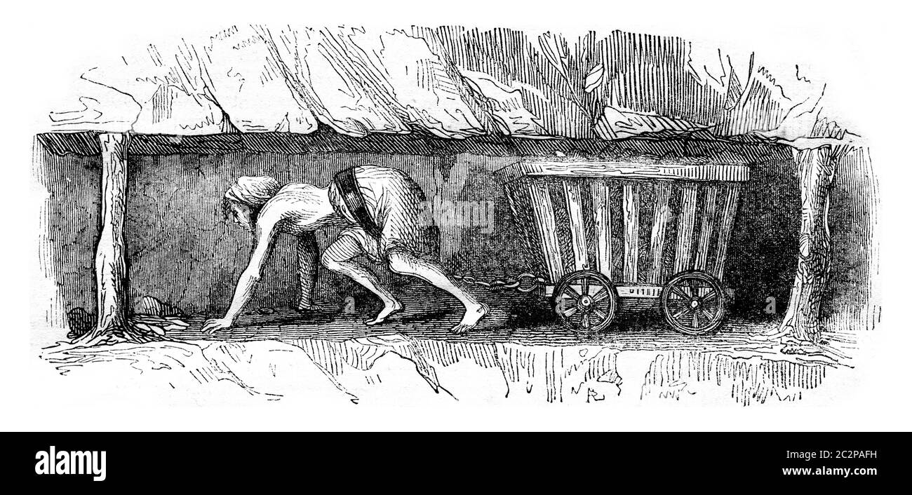 Fille traînant un wagon, vintage gravé illustration. Magasin Pittoresque 1843. Banque D'Images