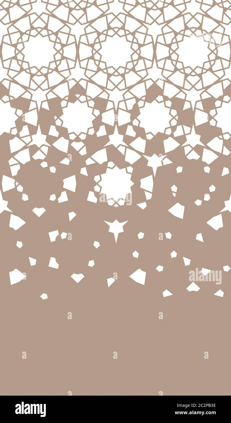 Motif géométrique arabe de fleurs étoiles, bordure, texture, papier peint, décoration. Motif géométrique de demi-teintes arabes avec désintégration de la mosaïque de couleurs Illustration de Vecteur
