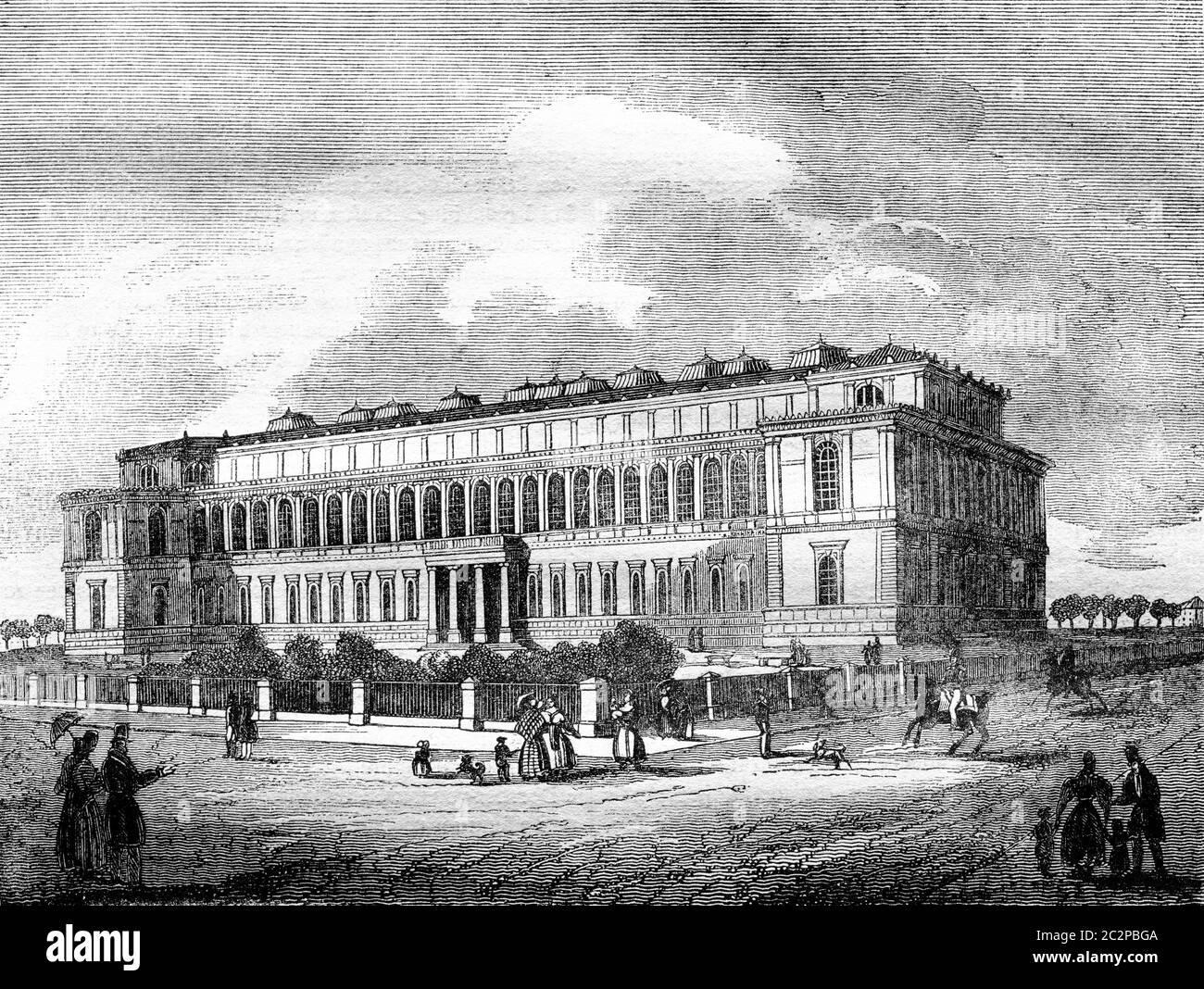 La Pinacothèque, musée de peinture, à Munich, illustration gravée d'époque. Magasin Pittoresque 1836. Banque D'Images