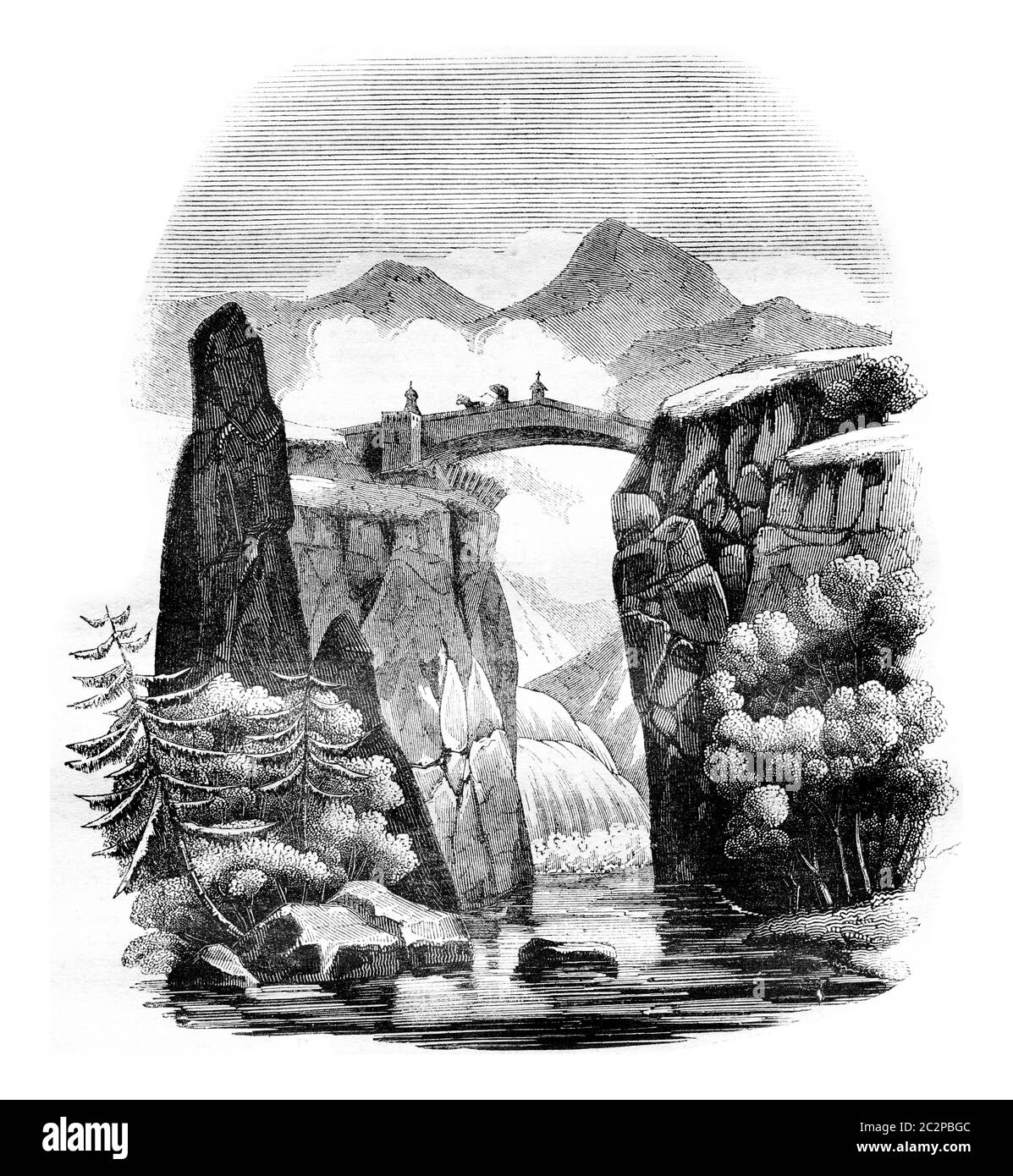 Le pont de Briançon sur la Durance, département des Hautes-Alpes, illustration gravée d'époque. Magasin Pittoresque 1836. Banque D'Images