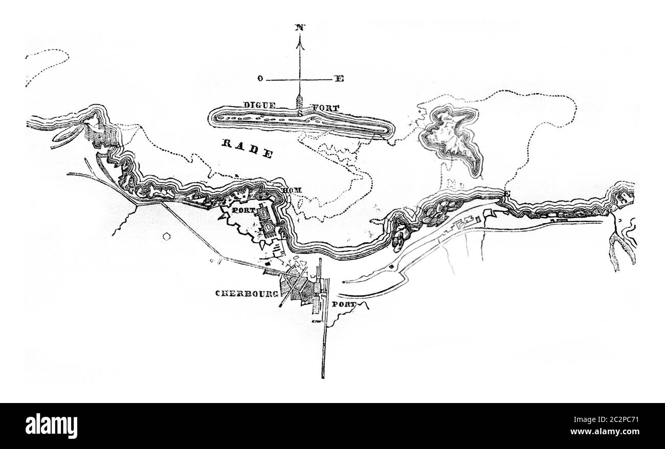 Carte du port et des équipes de Cherbourg, illustration gravée d'époque. Magasin Pittoresque 1841. Banque D'Images