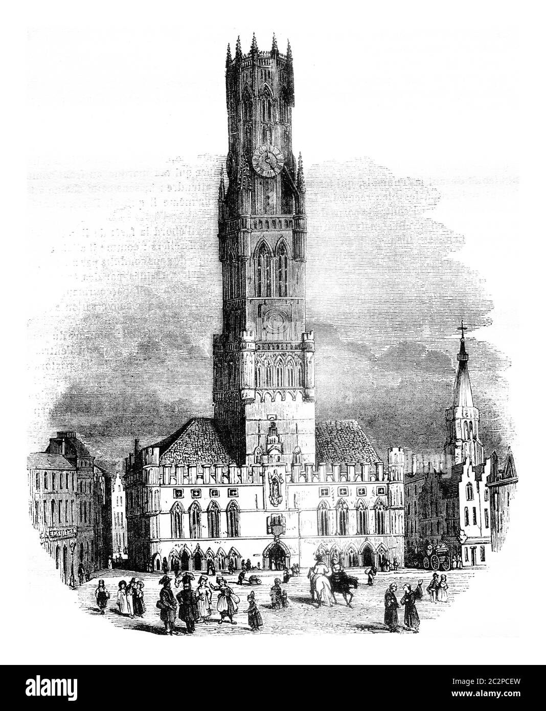 Vue sur la salle de Bruges, illustration gravée d'époque. Magasin Pittoresque 1841. Banque D'Images
