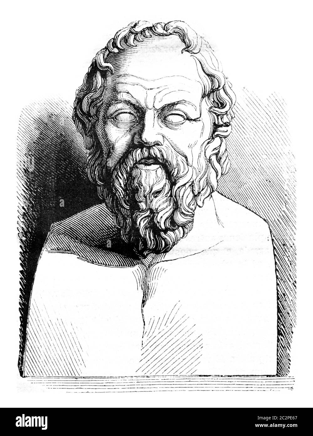 Musée du Louvre, ancien buste de Socrates, illustration gravée d'époque. Magasin Pittoresque 1843. Banque D'Images