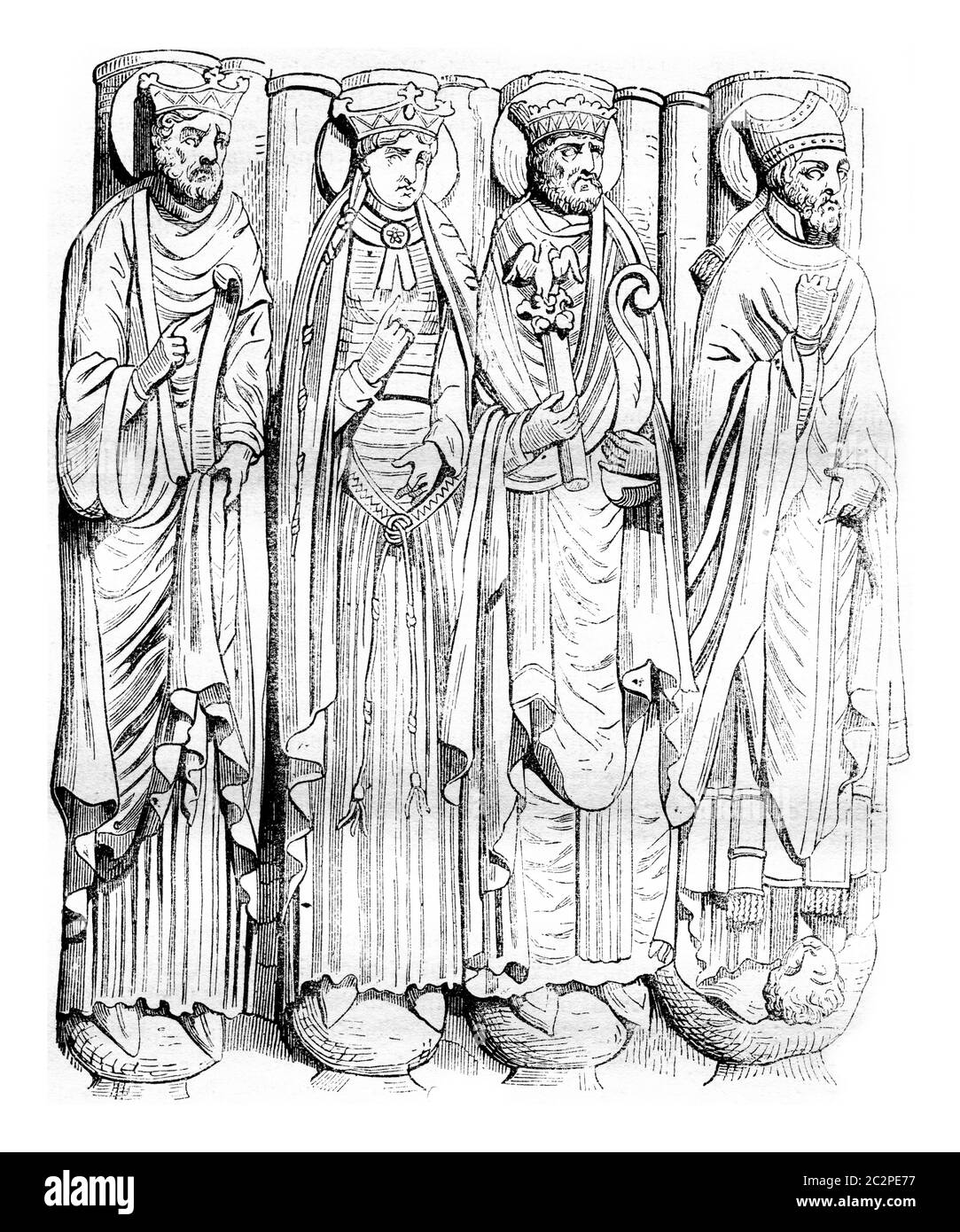 Statues du porche de Saint Germain des Prés, illustration gravée d'époque. Magasin Pittoresque 1843. Banque D'Images