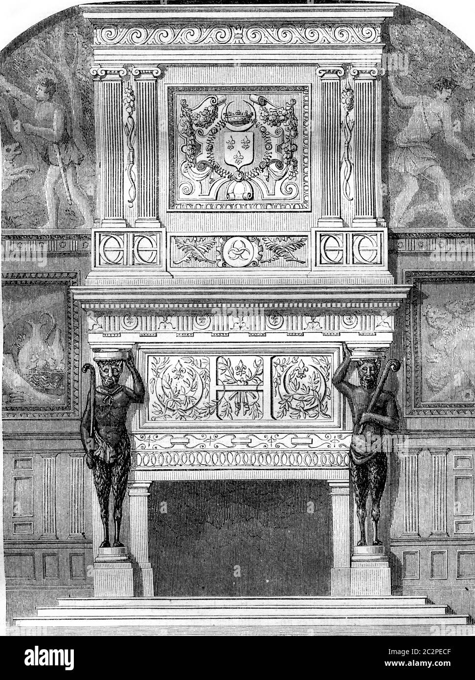 Château de Fontainebleau, illustration gravée d'époque. Magasin Pittoresque 1843. Banque D'Images