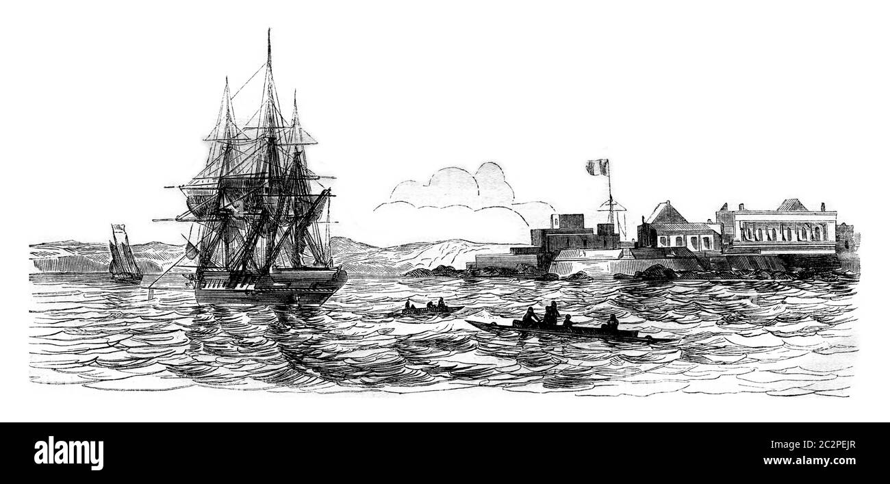 Gorce Island, South point, illustration gravée d'époque. Magasin Pittoresque 1843. Banque D'Images Gorce Island, South point, illustration gravée d'époque. Magasin Pittoresque 1843. Banque D'Images