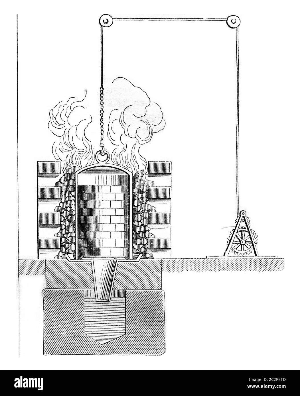 Bell vaporiser le mercure et la fonte d'argent minerva, vintage gravé illustration. Magasin Pittoresque 1844. Banque D'Images