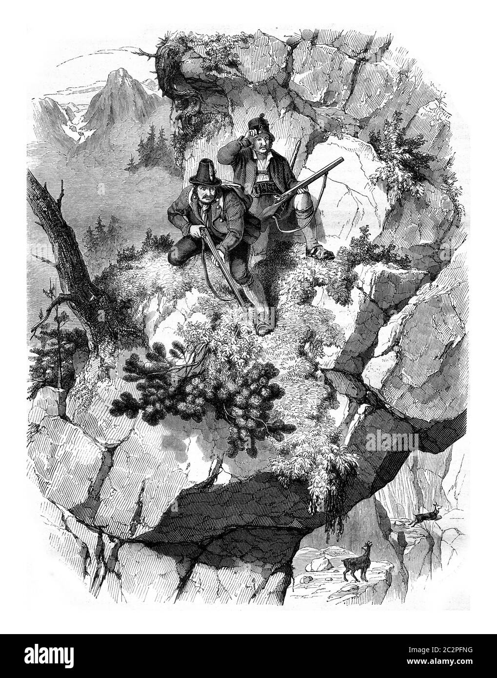 Chasseurs tyroliens, illustration gravée d'époque. Magasin Pittoresque 1845. Banque D'Images