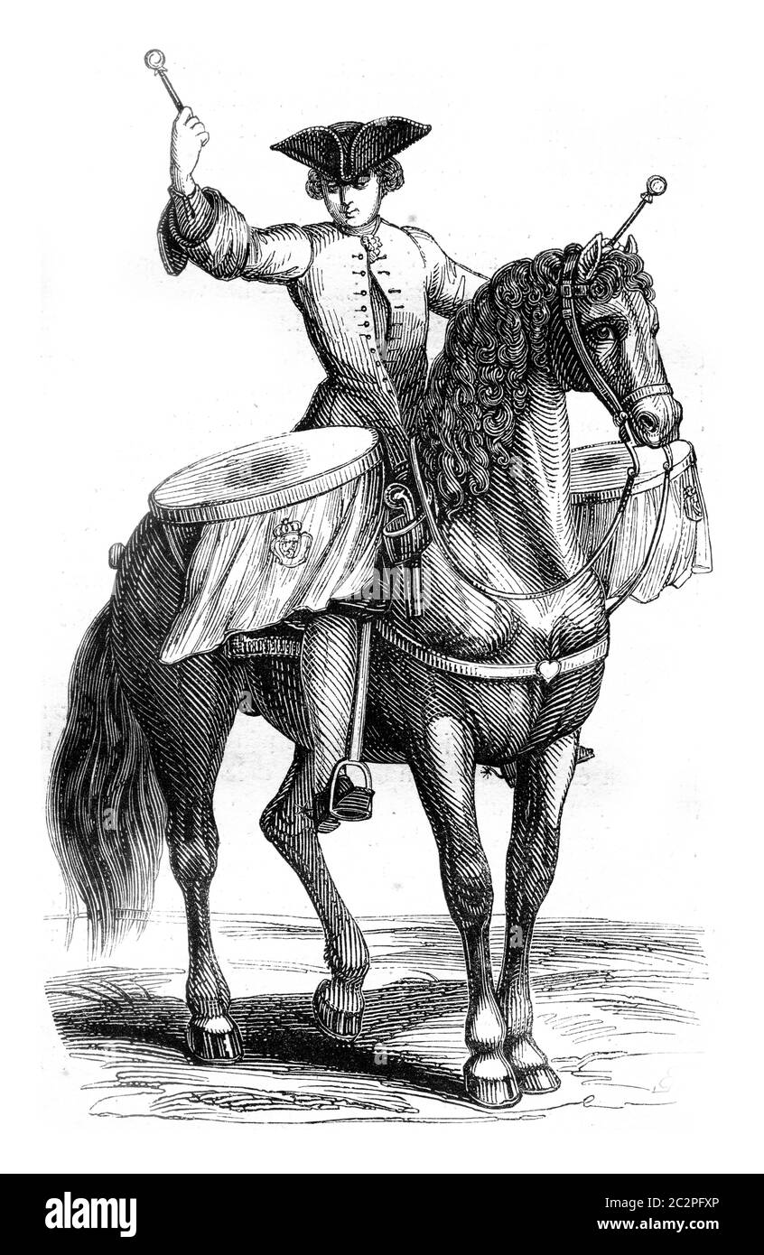 Trombonist un cheval, vintage gravé illustration. Magasin Pittoresque 1845. Banque D'Images