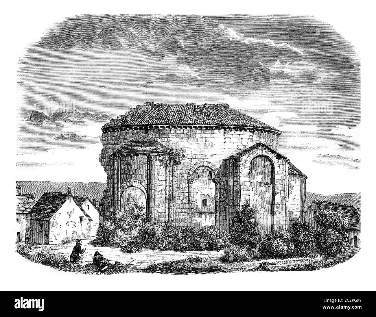 Ruines de l'église Saint-Léonard, vue extérieure de l'abside, illustration gravée d'époque. Magasin Pittoresque 1846. Banque D'Images