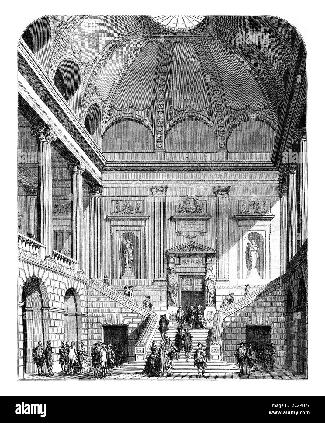 Vue sur le hall et les escaliers du Théâtre de Bordeaux, illustration gravée d'époque. Magasin Pittoresque 1852. Banque D'Images
