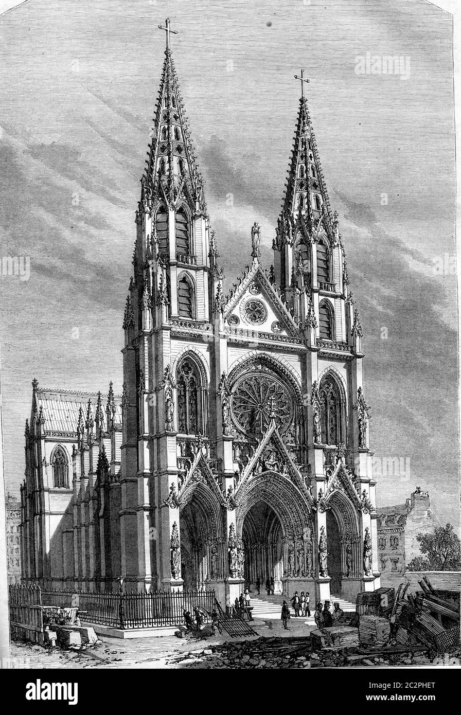 Vue sur l'église Sainte Clotilde et Sainte Valère, à Paris, illustration gravée d'époque. Magasin Pittoresque 1857. Banque D'Images