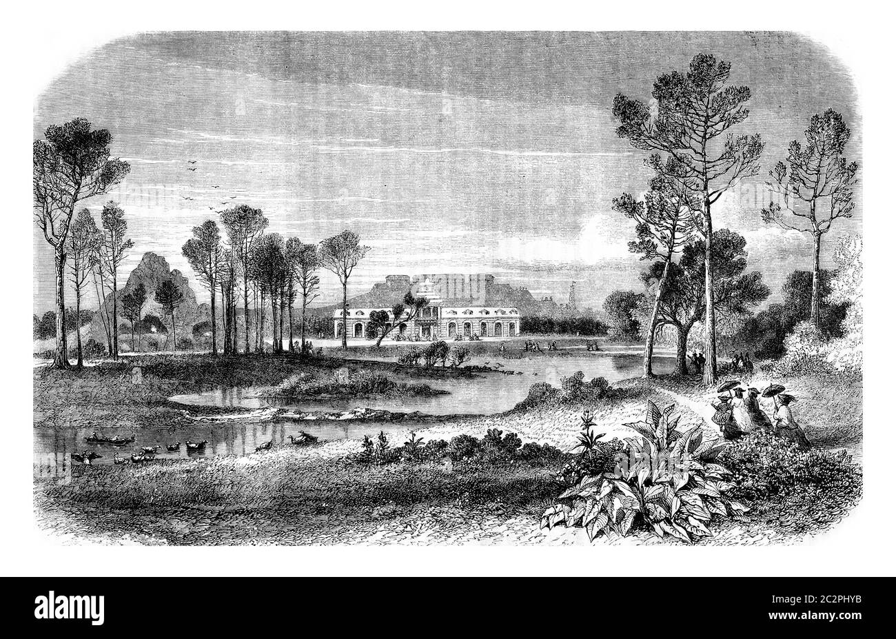 Vue sur les jardins zoologiques du Bois de Boulogne, Paris, illustration gravée d'époque. Magasin Pittoresque 1861. Banque D'Images