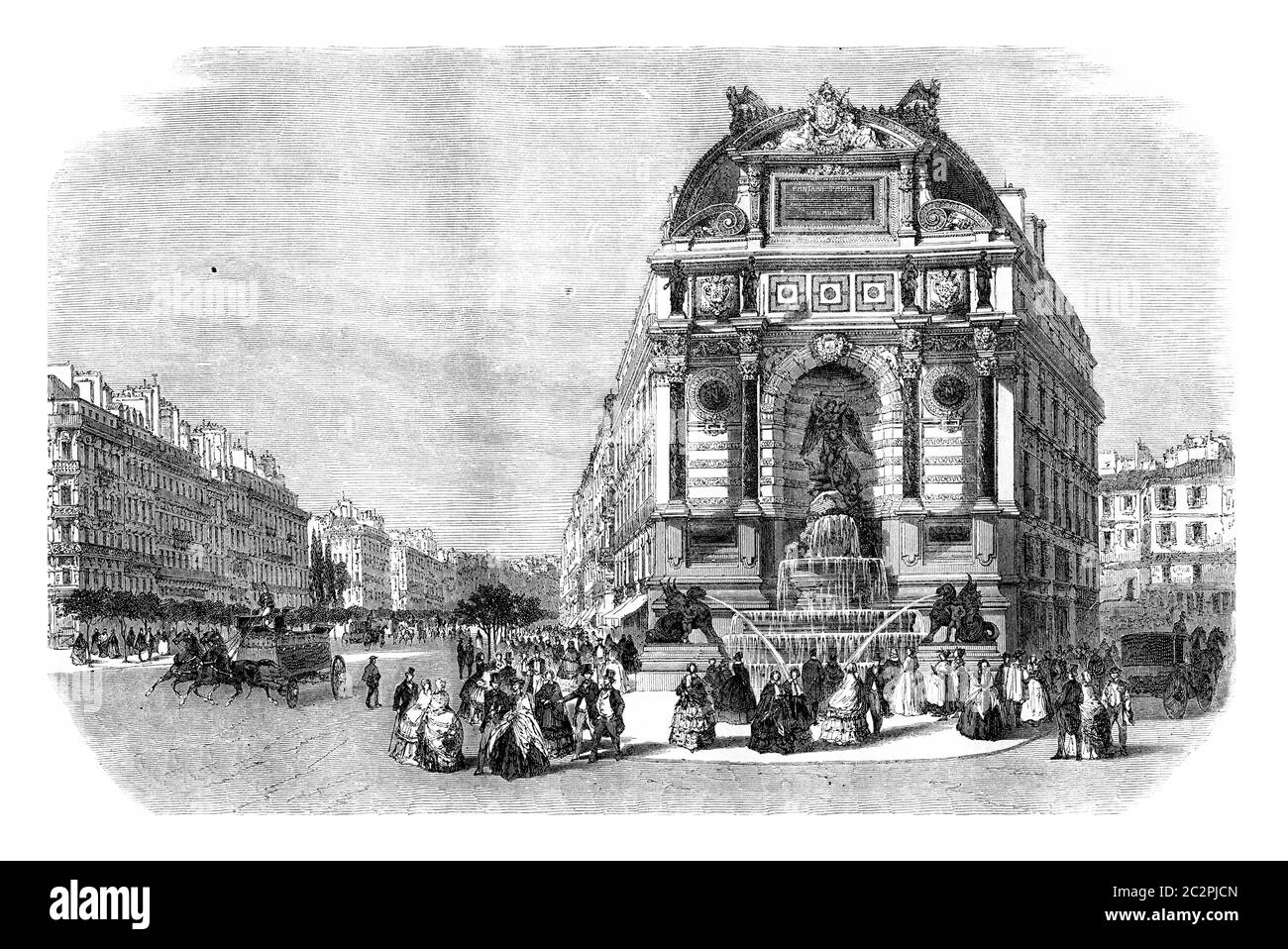 La Fontaine Saint Michel à Paris, illustration gravée d'époque. Magasin Pittoresque 1861. Banque D'Images