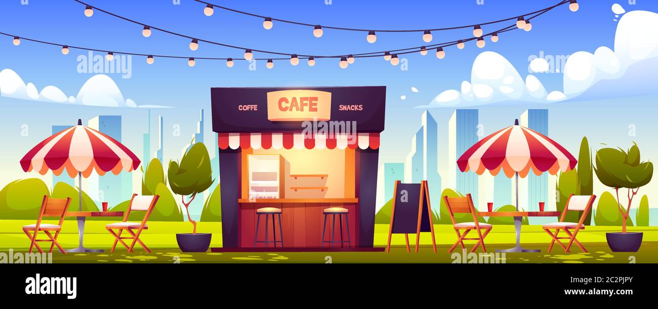 Café extérieur, kiosque d'été dans le parc, café avec des boissons et des collations de rue, cafétéria avec table, chaises, parasol, plantes, guirlande lumineuse et tableau de menu, illustration vectorielle de dessin animé Illustration de Vecteur