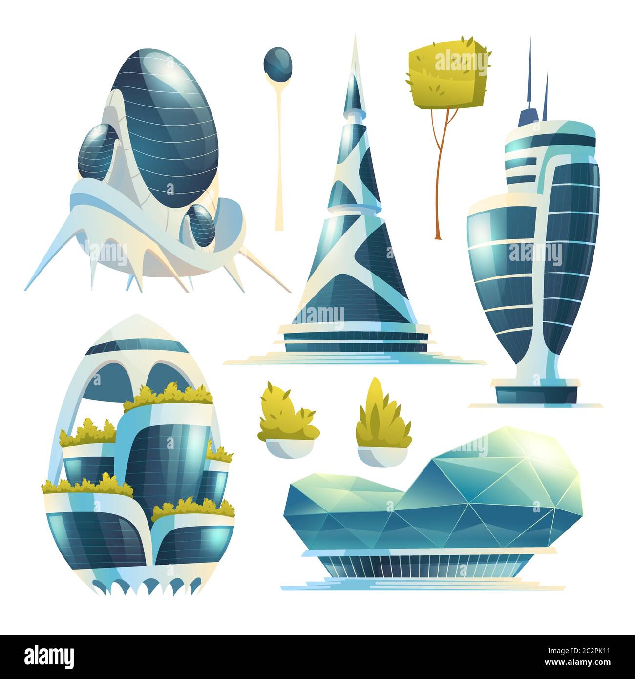 Futurs bâtiments de la ville, gratte-ciels futuristes isolés sur fond blanc. Ensemble de dessins animés vectoriels de bâtiments et maisons modernes de bureau, arbre et plantes. Architecture de science-fiction Illustration de Vecteur