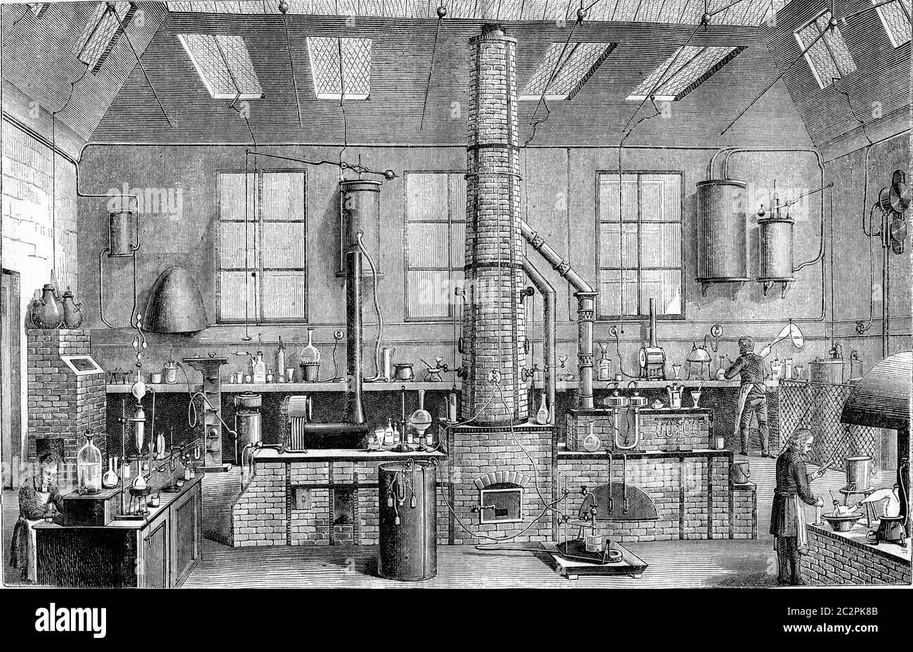 Laboratoire de chimie à l'Ecole Normale de Paris, illustration gravée d'époque. Magasin Pittoresque 1870. Banque D'Images