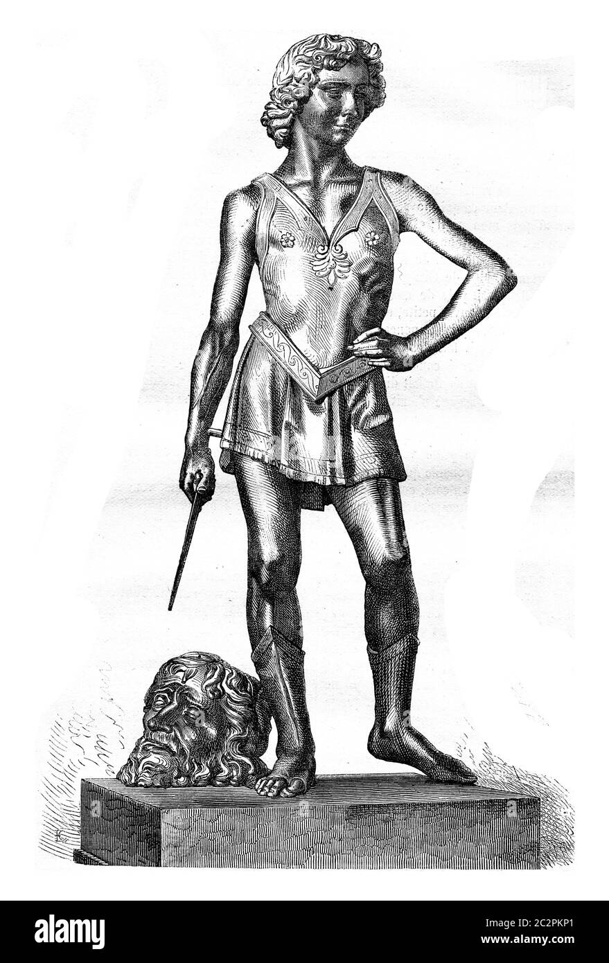 David vainqueur de la statue en bronze de Goliath d'Andrea Verrocchio, le musée national de Florence, illustration gravée d'époque. Magasin Pittoresque 1877. Banque D'Images