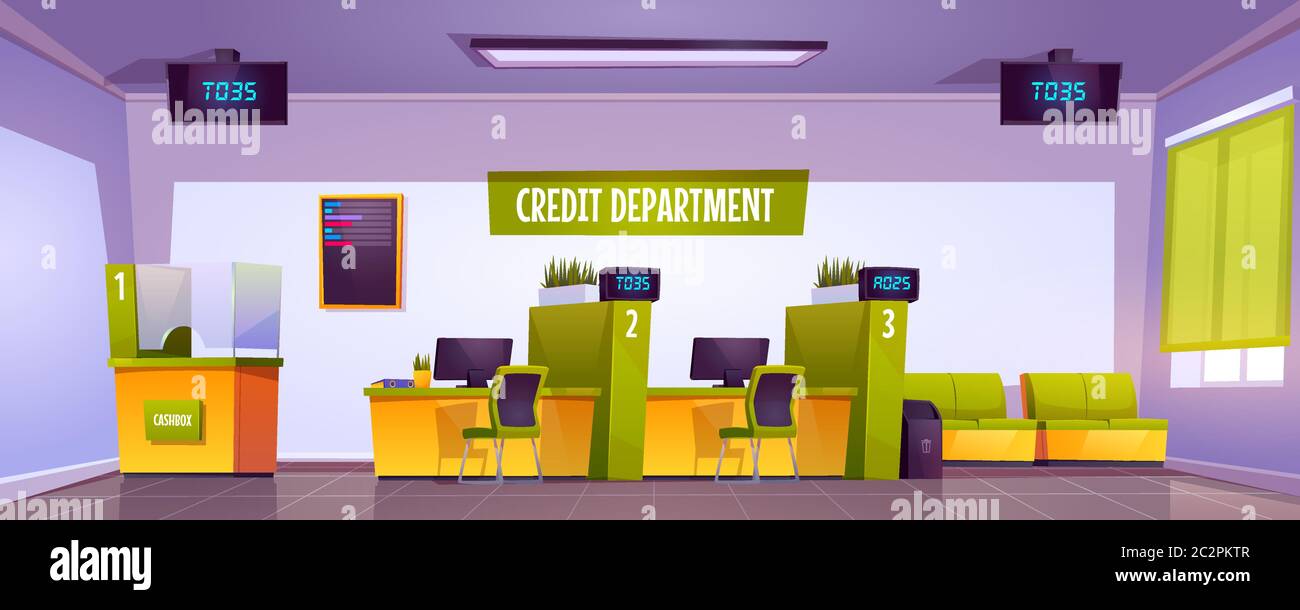Intérieur du bureau de banque avec caisse, bureau du personnel et comptoir de réception. Illustration vectorielle du service de crédit dans le lobby de banque vide avec mobilier et affichage de file d'attente Illustration de Vecteur Intérieur du bureau de banque avec caisse, bureau du personnel et comptoir de réception. Illustration vectorielle du service de crédit dans le lobby de banque vide avec mobilier et affichage de file d'attente Illustration de Vecteur