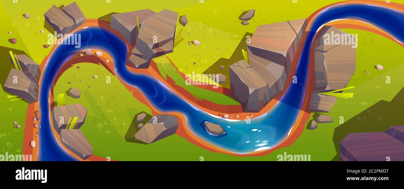 Vue fluide sur le dessus de la rivière. Fond vectoriel de paysage de la nature avec ruisseau bleu d'eau, herbe verte et rochers. Illustration de la scène d'été avec écoulement de ruisseau sur le terrain avec pierres Illustration de Vecteur