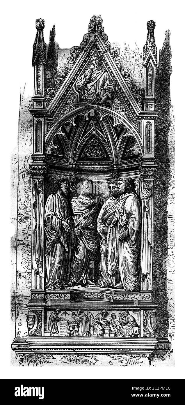 La niche des quatre Saints à Orsanmichele (Florence), illustration gravée d'époque. Magasin Pittoresque 1878. Banque D'Images