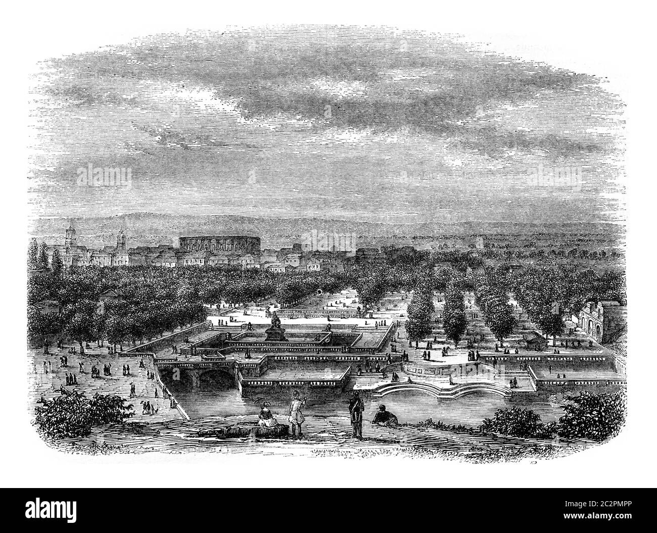 Vue sur la ville de Nîmes, prise du jardin des bains d'Auguste, illustration gravée d'époque. Magasin Pittoresque 1846. Banque D'Images
