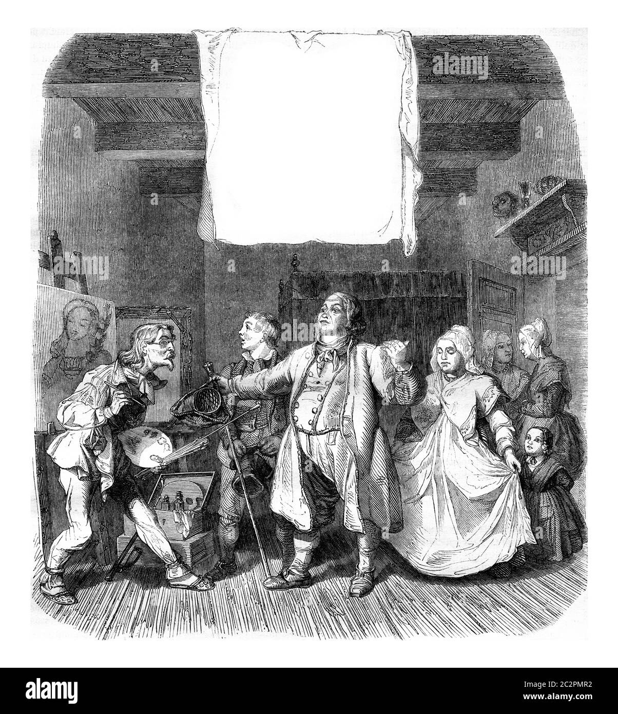 Portrait de famille, illustration gravée vintage. Magasin Pittoresque 1846. Banque D'Images