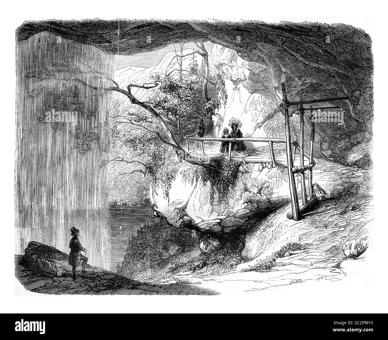 Vue sur la cascade de Giessbach, illustration gravée d'époque. Magasin Pittoresque 1846. Banque D'Images