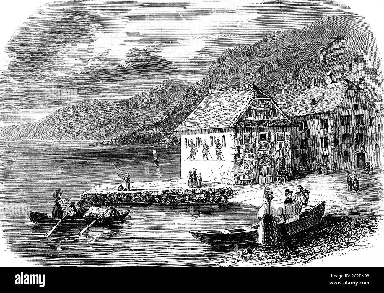 Le port de Brunnen dans le canton de Schwyz, illustration gravée d'époque. Magasin Pittoresque 1846. Banque D'Images