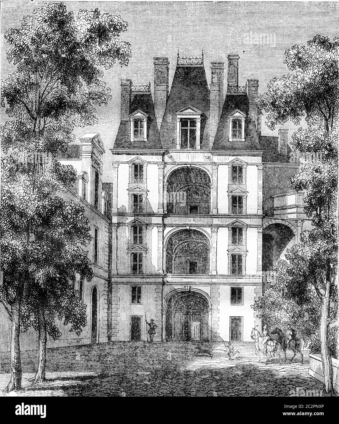 Palais de Fontainebleau, illustration gravée d'époque. Magasin Pittoresque 1843. Banque D'Images