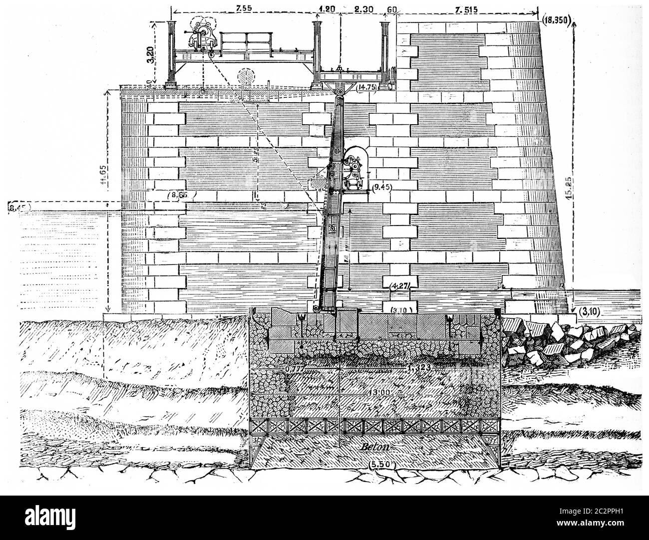 Coupe transversale d'un chenal navigable de poses barrage indiquant la position des quantités observées, illustration gravée vintage. Encyclopédique industrielle Banque D'Images