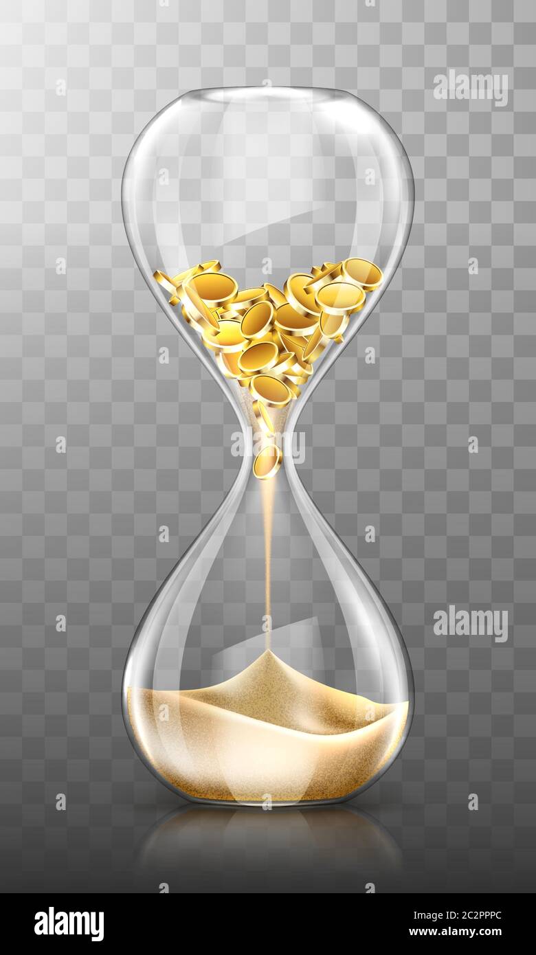 Le temps est de l'argent, sablier avec des pièces d'or tombent se  transformer en sable isolé sur fond transparent. Horloge en verre, succès  financier, patience, capital d'affaires augmentant réaliste illustration de  vecteur