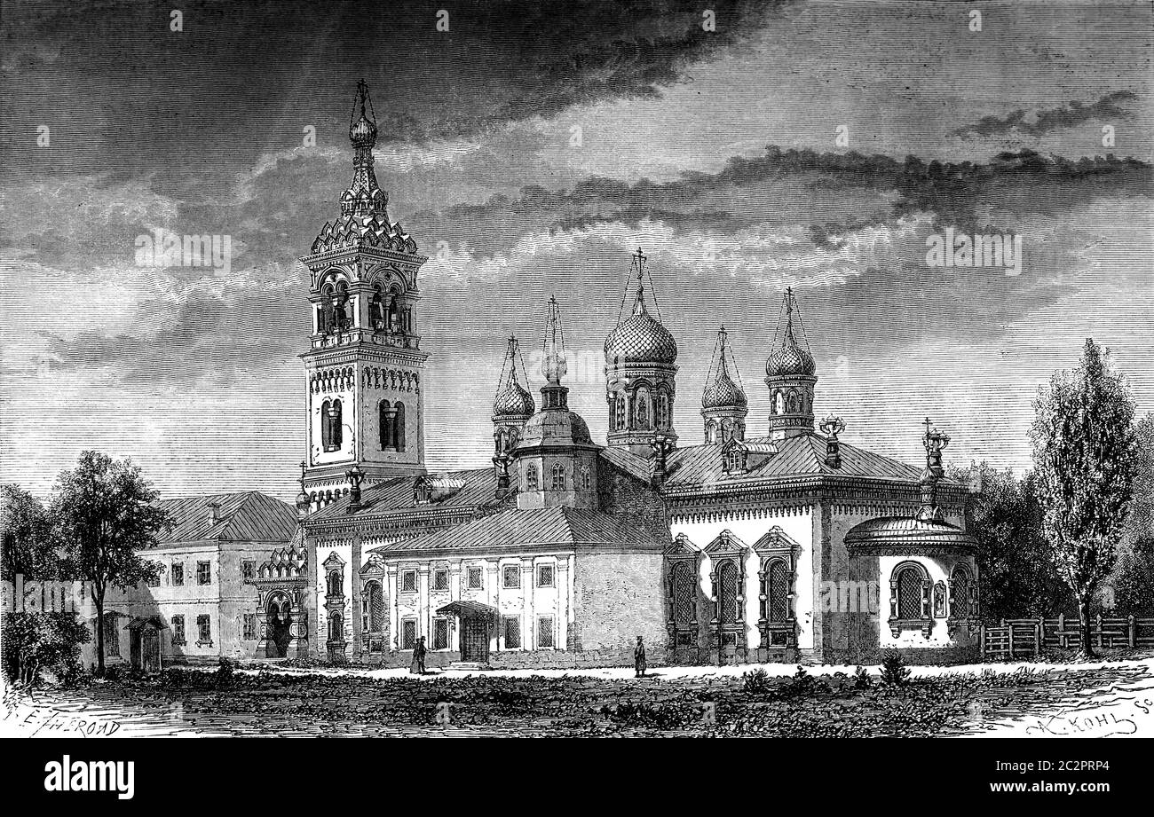 Le cimetière Pies Transfiguration église de Moscou Vieux Croyanis, illustration gravée d'époque. Le Tour du monde, Travel Journal, (1872). Banque D'Images