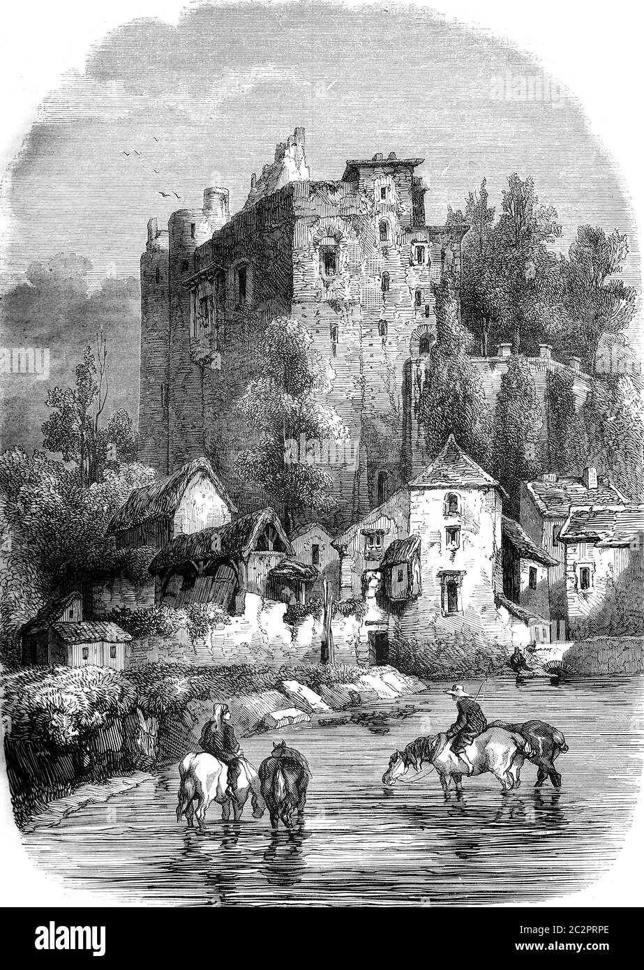 Vue du château de Clisson, illustration gravée dans le millésime. Magasin Pittoresque 1847. Banque D'Images
