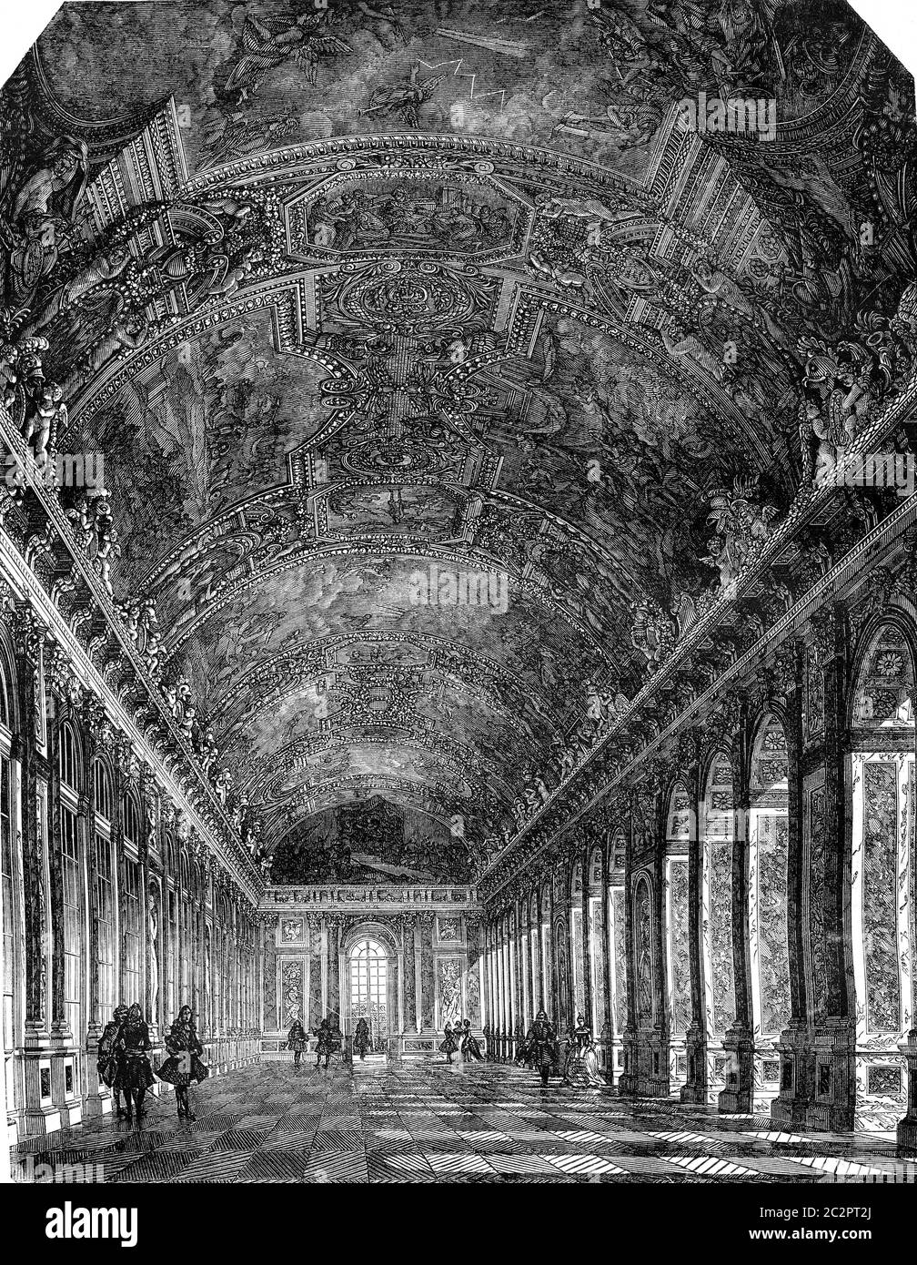 Dix-septième siècle, la grande salle des glaces du château de Versailles, illustration gravée d'époque. Magasin Pittoresque 1847. Banque D'Images
