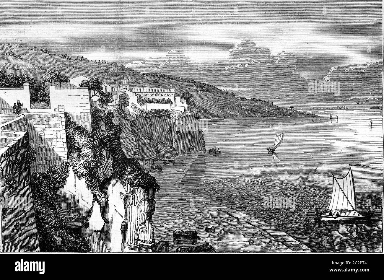 Vue sur Sorrente, le golfe de Naples, illustration gravée d'époque. Magasin Pittoresque 1847. Banque D'Images