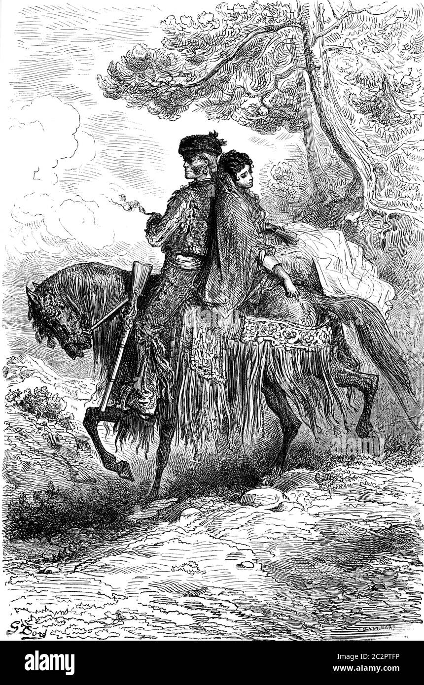 Smuggler Ronda et Mama, illustration gravée d'époque. Le Tour du monde, Travel Journal, (1865). Banque D'Images