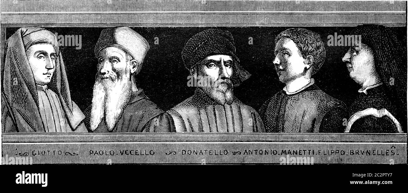 Giotto, Paolo Uccello, Donatello, Antonio Manetti, Filippo Brunelleschi, illustration gravée d'époque. Magasin Pittoresque 1852. Banque D'Images