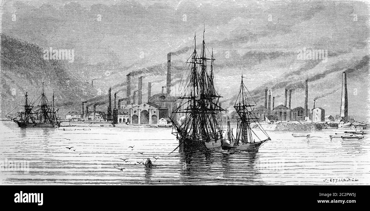 Usines et docks de Swansea, illustration gravée d'époque. Le Tour du monde, Travel Journal, (1865). Banque D'Images