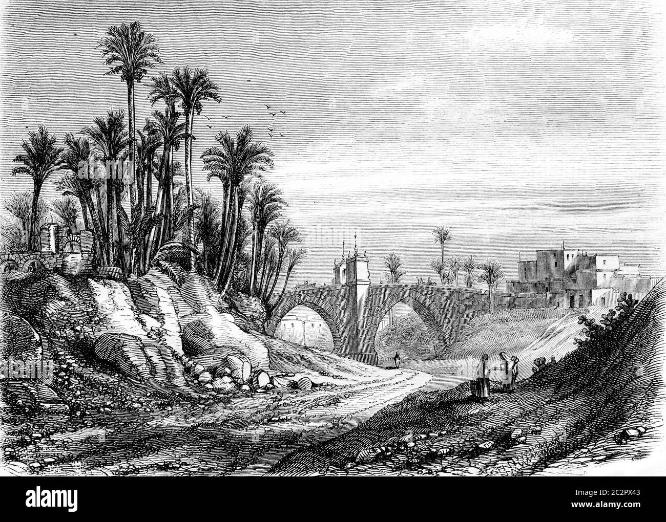 Pont d'Elche, illustration gravée d'époque. Magasin Pittoresque 1855. Banque D'Images