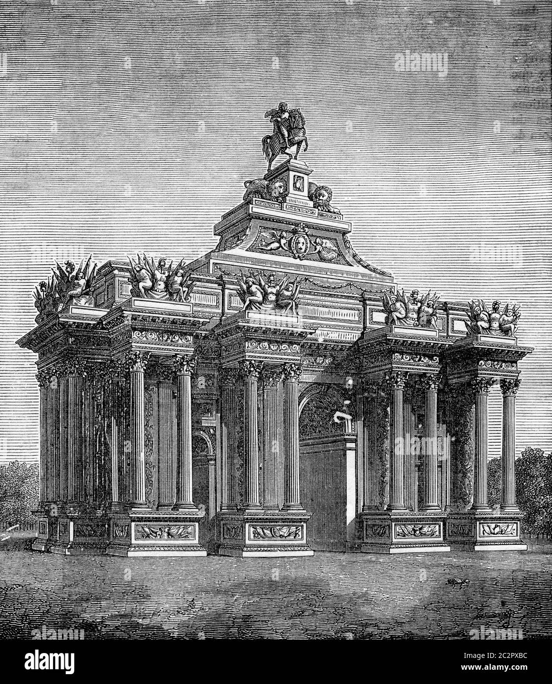 Arc de triomphe sous Louis XIV, illustration gravée vintage. Encyclopédie industrielle E.-O. Lami - 1875. Banque D'Images