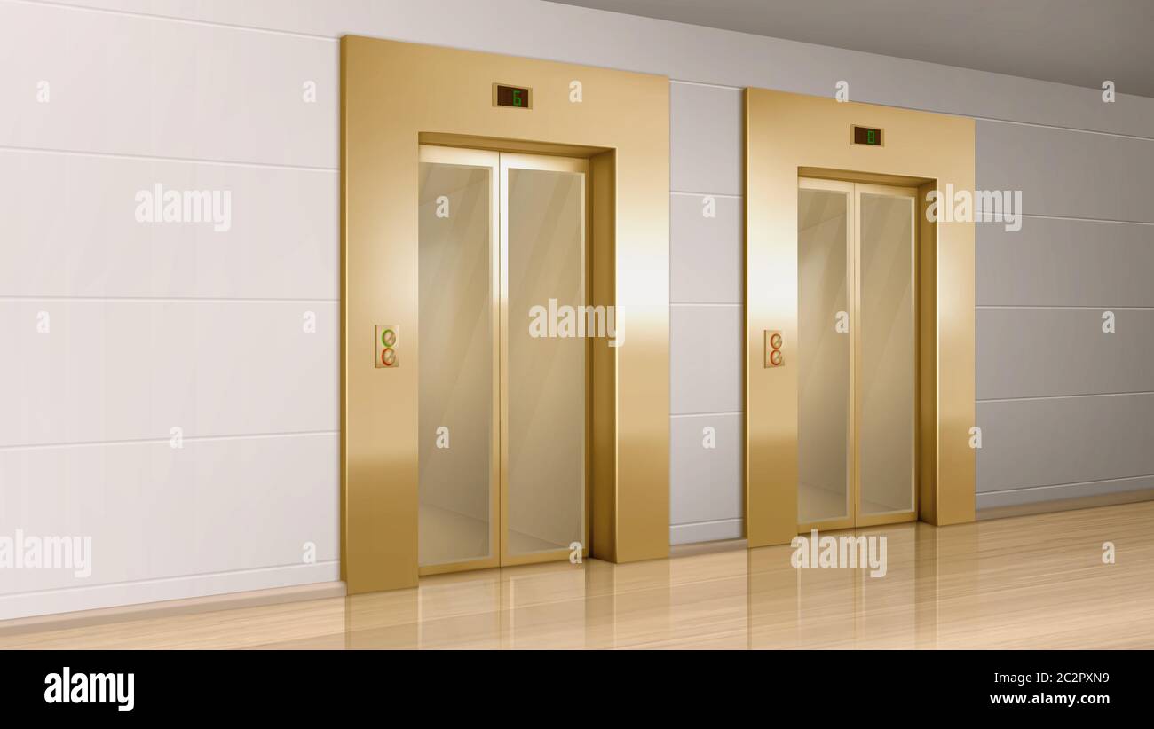 Ascenseur Golden avec portes vitrées dans le couloir. Vector Realistic vide moderne bureau ou l'intérieur de l'hôtel hall avec ascenseur de luxe, panneau avec boutons et plancher exposé sur le mur Illustration de Vecteur