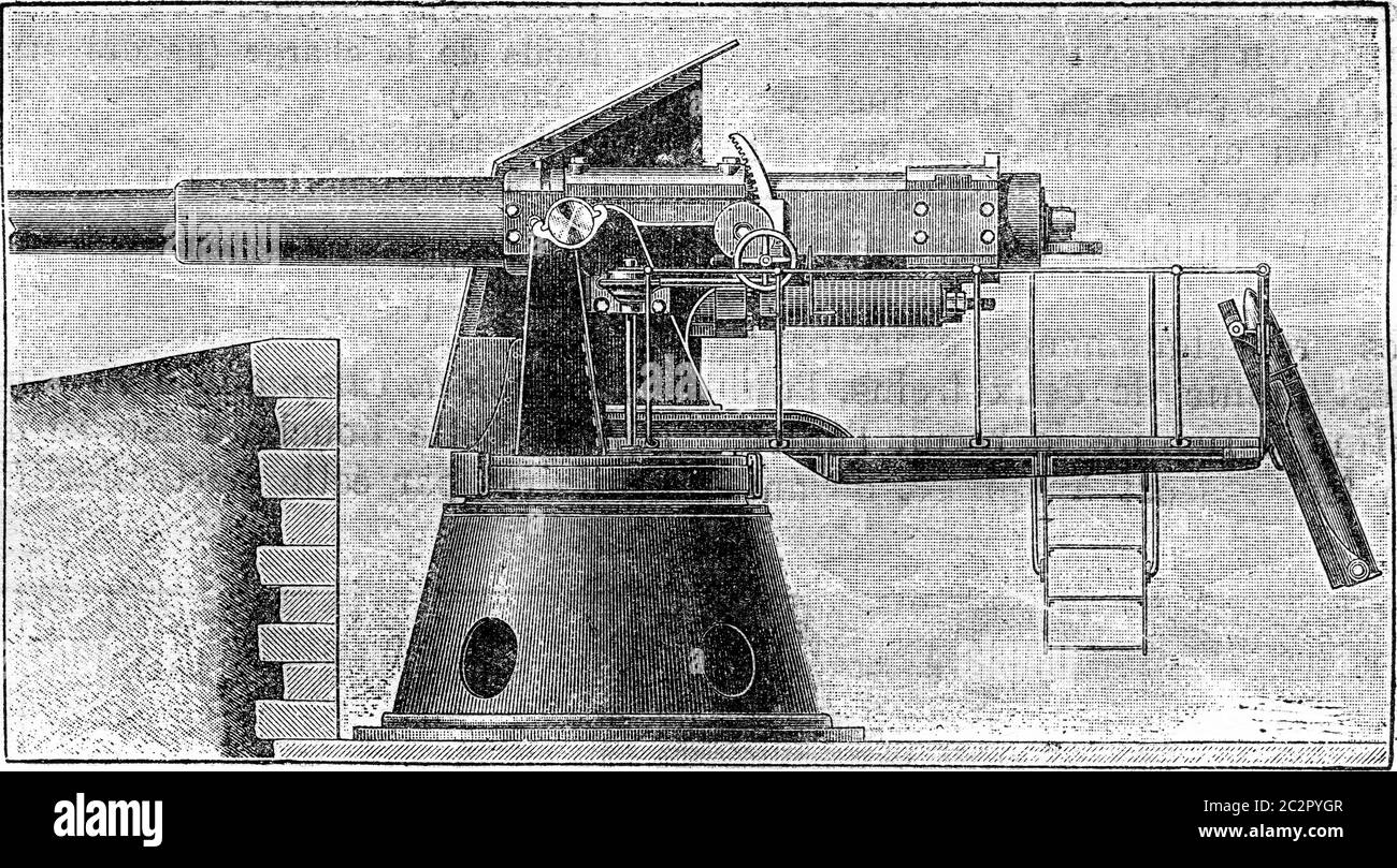 Canon Canon Canon 6 pouces pour fortifier, illustration gravée vintage. Encyclopédie industrielle E.-O. Lami - 1875. Banque D'Images