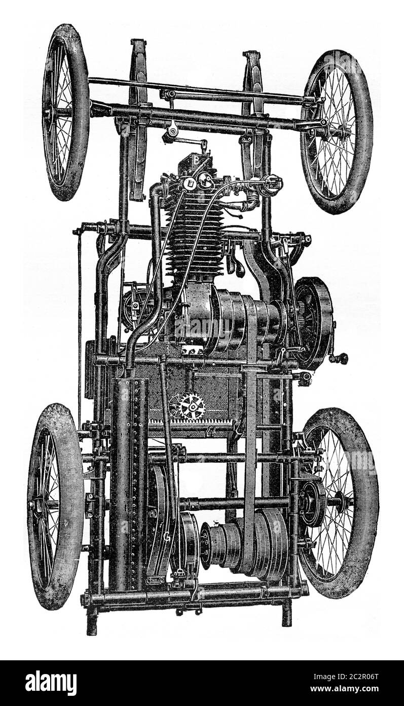 Type de châssis, transmissions mixtes à moteur horizontal, illustration gravée d'époque. Encyclopédie industrielle E.-O. Lami - 1875. Banque D'Images