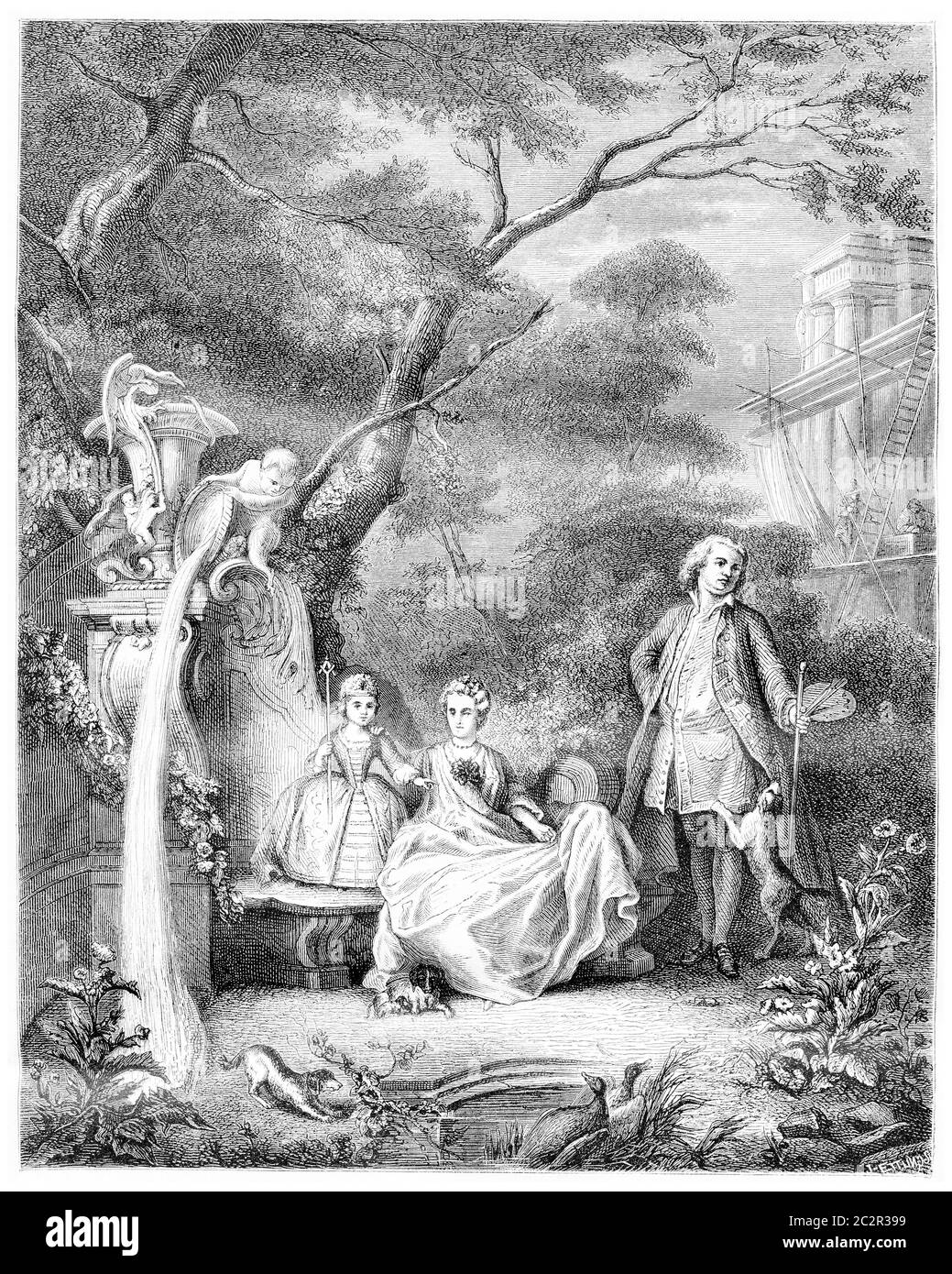 Peinture de Lajoue et de sa famille, Musée de Versailles, illustration gravée d'époque. Magasin Pittoresque 1867. Banque D'Images