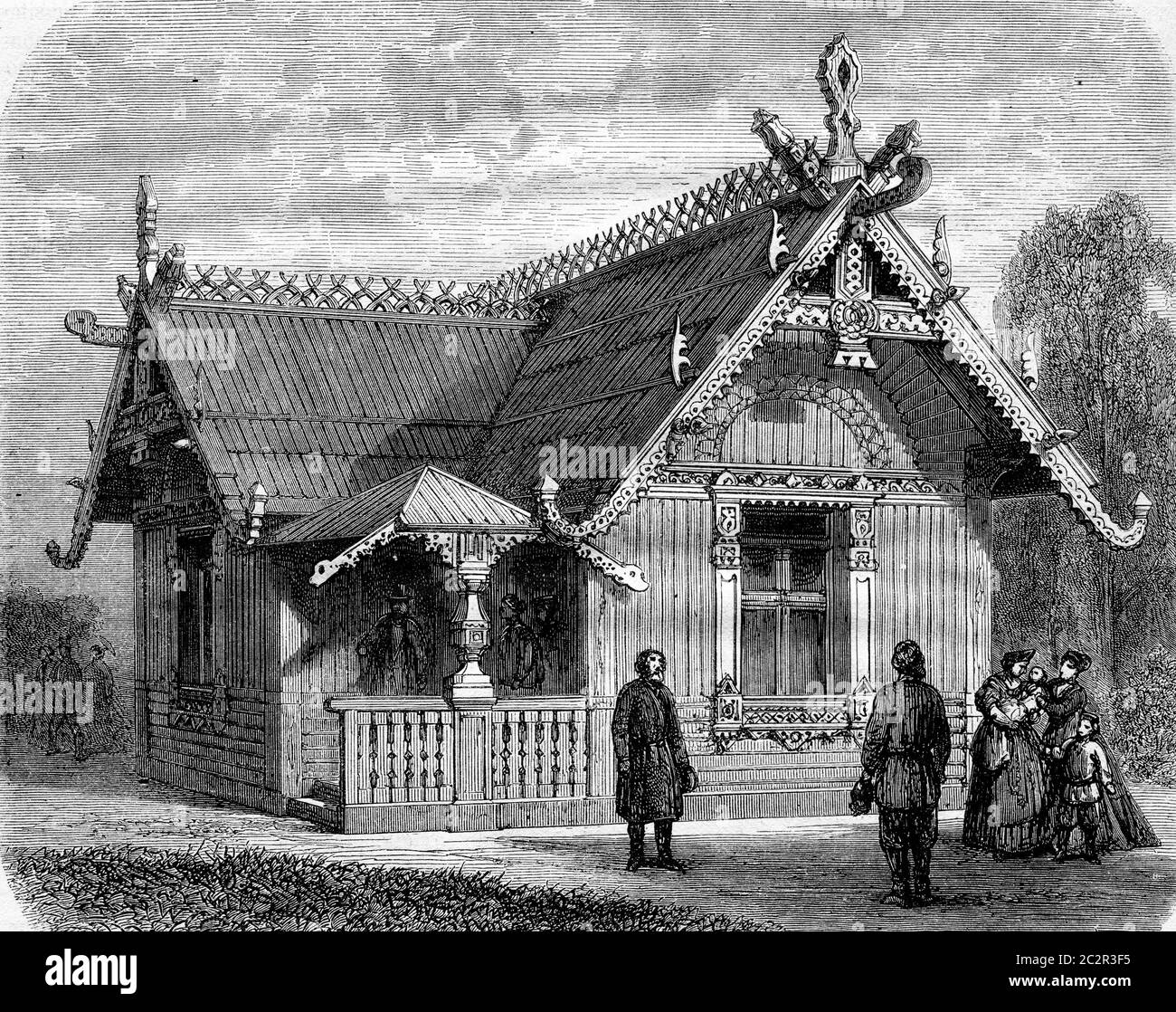 Exposition universelle de 1867, ISBA, cottage russe, illustration gravée d'époque. Magasin Pittoresque 1867. Banque D'Images