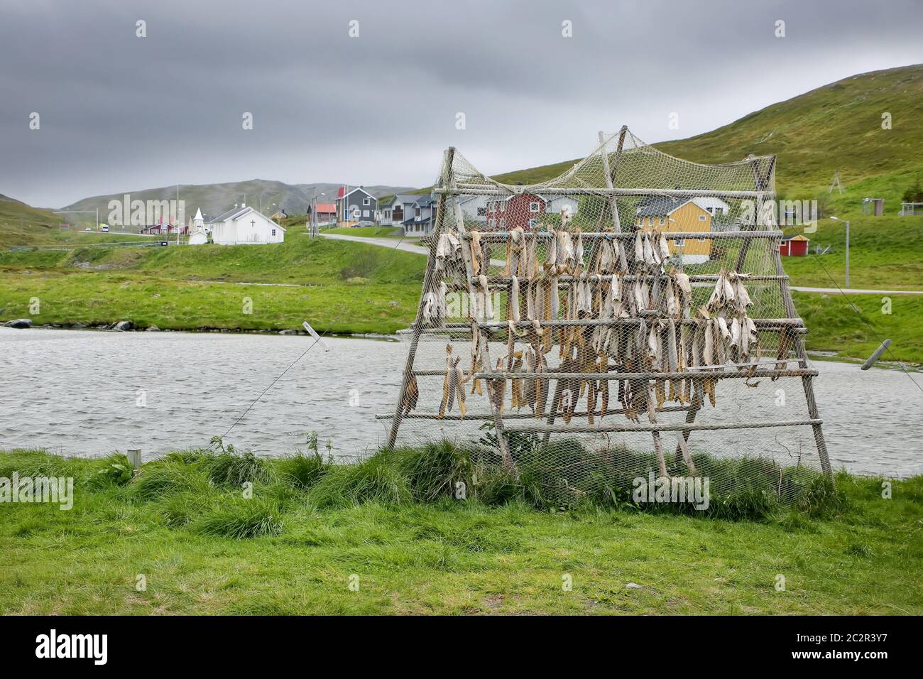 Séchant des poissons dans le village de Skarsvag, qui se trouve le long de la côte nord de l'île de Mageroya, Norvège. Banque D'Images