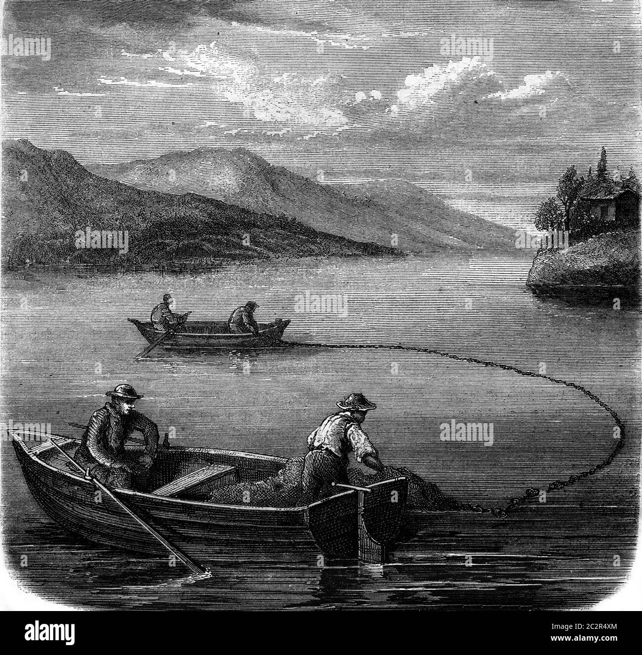 Sur un lac suisse, illustration gravée d'époque. Magasin Pittoresque 1869. Banque D'Images