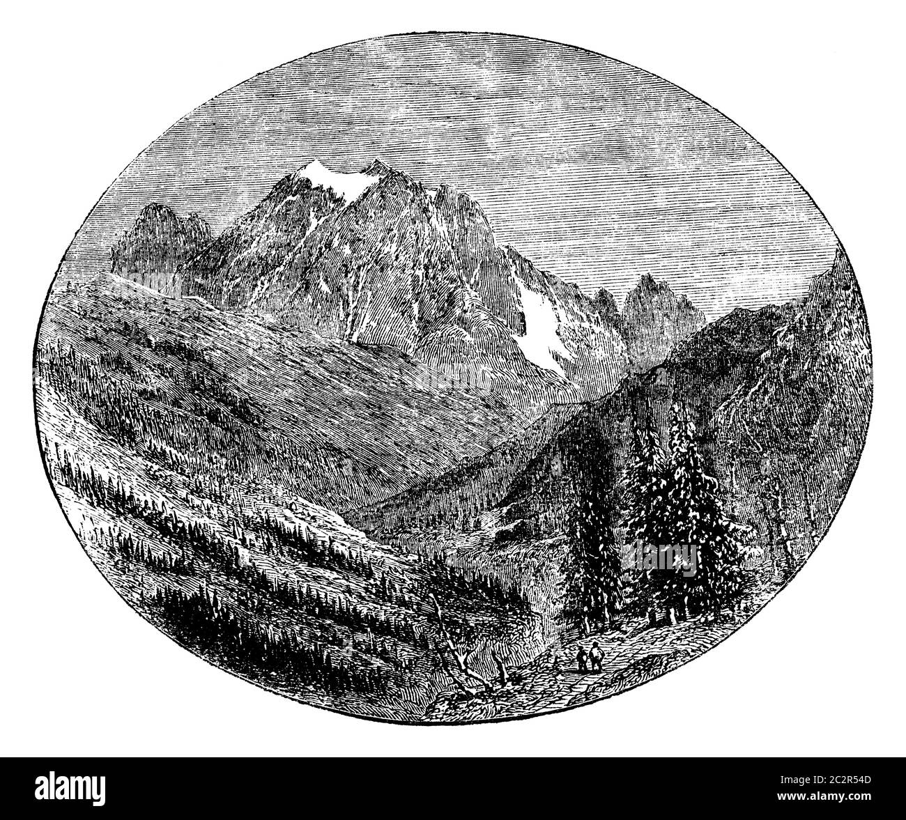 Le mont Pelvoux est représenté par le Bessee, avec une illustration gravée d'époque. Le Tour du monde, Travel Journal, (1872). Banque D'Images