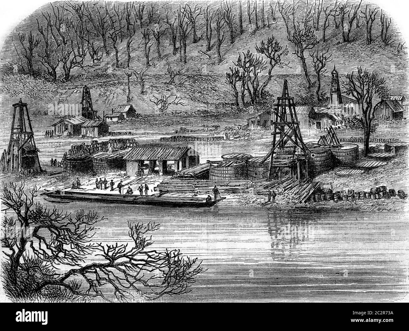 Extraction d'huile, Well Van Slyke Pennsylvania, illustration gravée d'époque. Magasin Pittoresque 1870. Banque D'Images